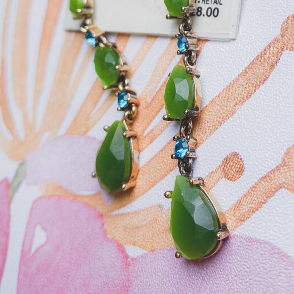 MONET Jewelry || Smokey Emerald Green Baby Blue Dimond Look Dangle Hook Earrings - Picture 3 of 6